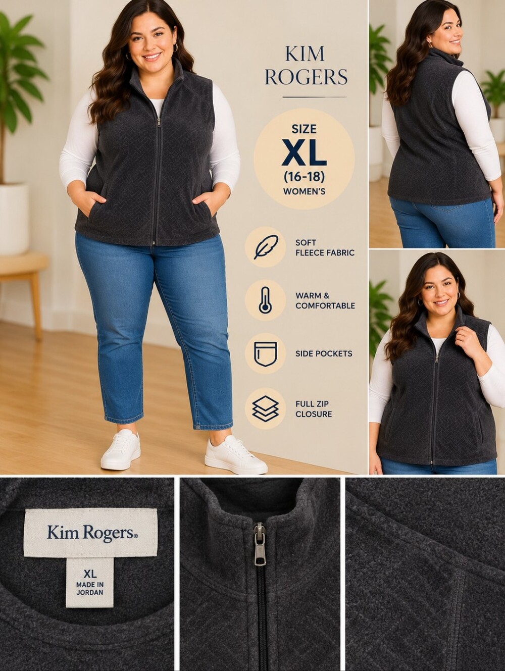 Kim rogers Women's XL grey fleece zip up vest #38